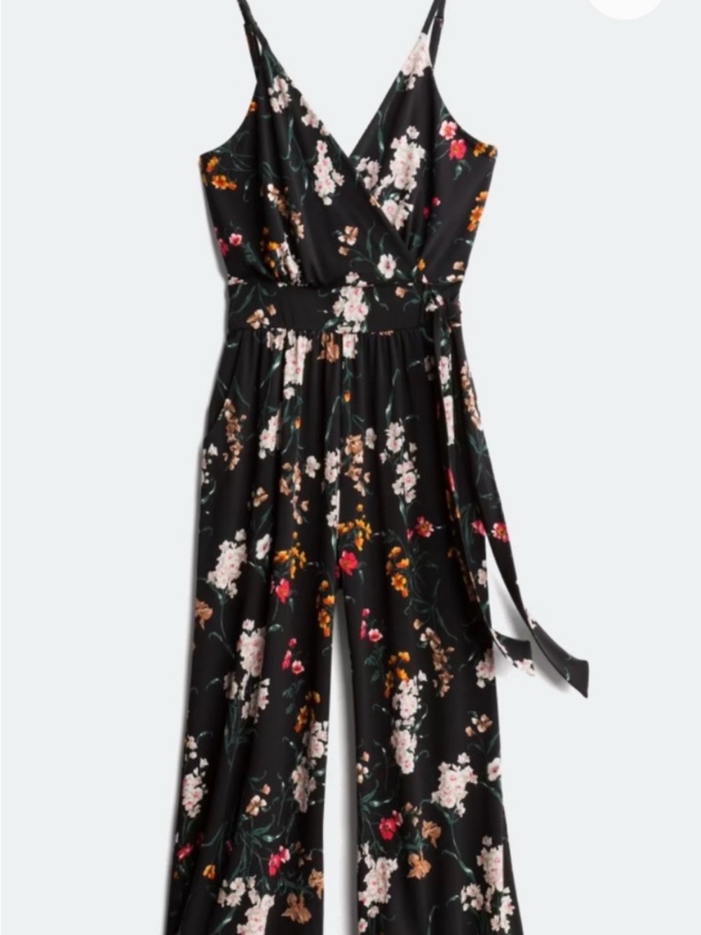 Kaileigh Black Floral Wrap Jumpsuit with Self-Tie Waist w/Pockets